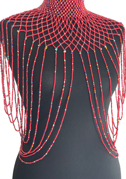 Red Authentic Maasai Zulu Ethnic Beaded Collar Shoulder Body Jewelle