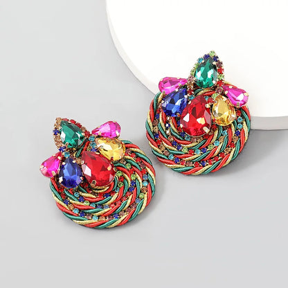 Gorgeous Crystal Rhinestones Thread Woven Round Statement Stud Earrings