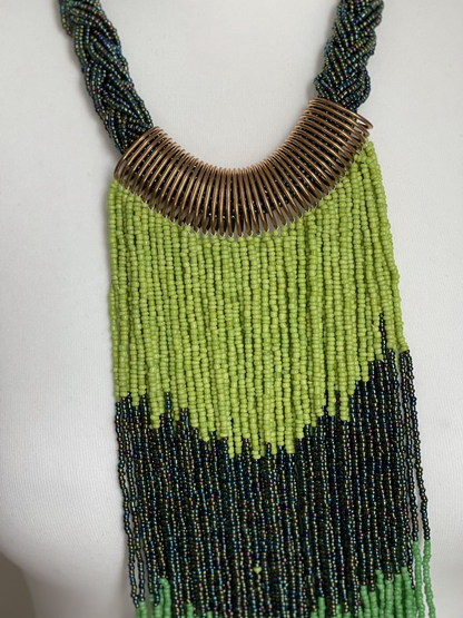 Authentic Green African Beaded Tribal Ethnic Fringe Tassel Brass Pendant