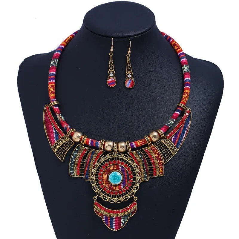 Bohemian Colourful Ethnic Beaded Crystals Statement Necklace Set