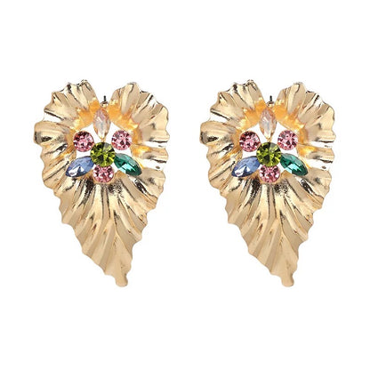 Gold Plated Leaf shaped Design Centred Rhinestone Stud Earrings