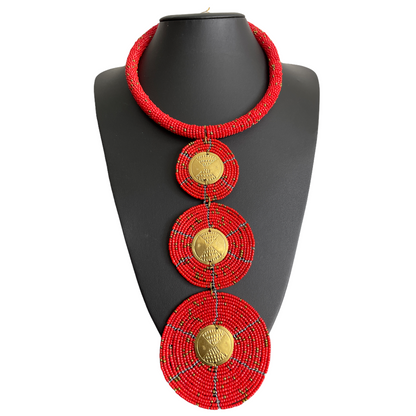 Authentic AfricanTribal Ethnic Fashion Beaded Disc Pendant Necklace