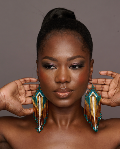 Long Elegant Authentic Green African Ethnic Native Dangle Earrings