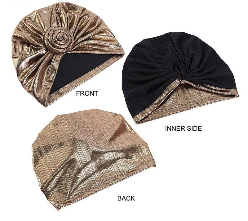 Pre Tied Twisted Knot Metalic Fabric Ready to Wear Turban Caps