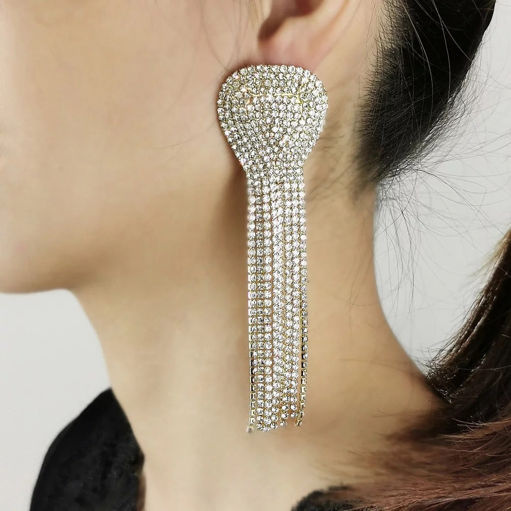 Elegant Crystal Diamante Rhinestone Tassels Stud Earrings