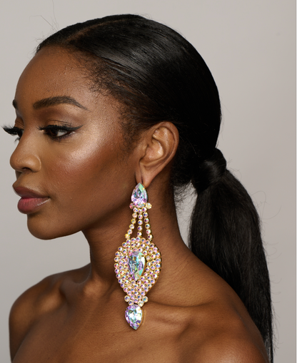 Long Elegant Glamorous AB Colour Diamante Rhinestones Statement Stud Earrings