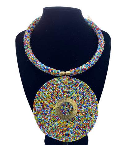 Multicoloured BeadedTribal Ethnic African Elegant Disc Pendant Necklaces