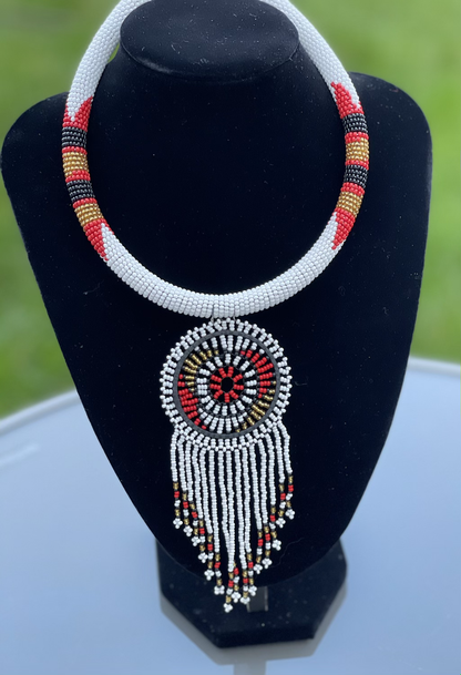 African Zulu Inspired Beaded Tassel Pendant Necklace
