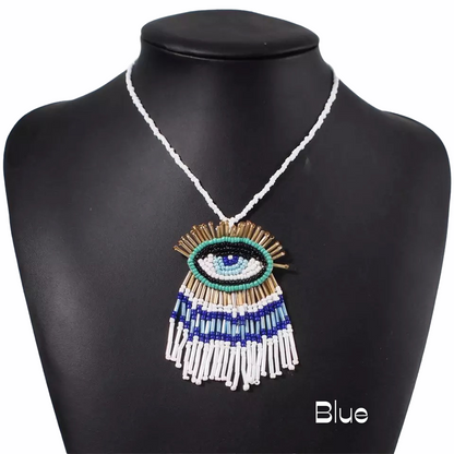 Tribal Ethnic Style Beaded Eye Tassel Pendant Disc Necklace