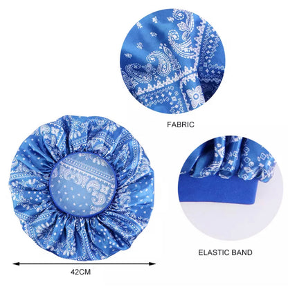 Black Elastic Band Printed Fabric Satin Silk Single Layered Bonnet Caps