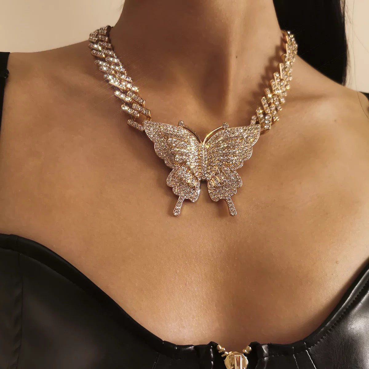 Elegant Rhinestone Cuban Butterfly Shaped Pendant Statement Necklace