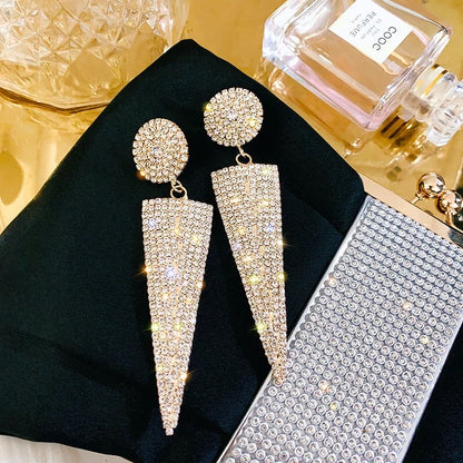 Long Glamorous Statement Crystals Rhinestone Triangle Earrings
