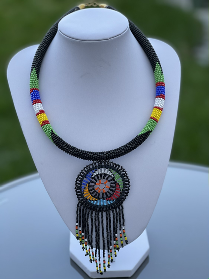 African Zulu Inspired Beaded Tassel Pendant Necklace