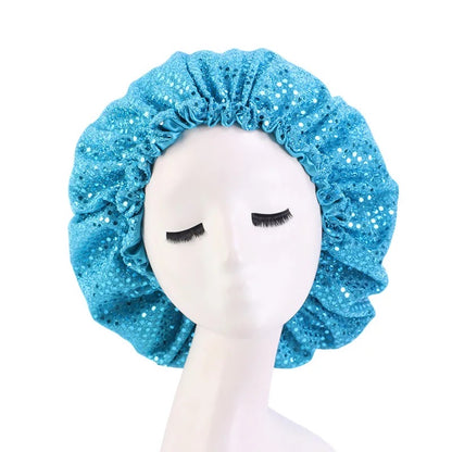 Sequinned Adjustable Double Layered Satin Silk Bonnet Caps