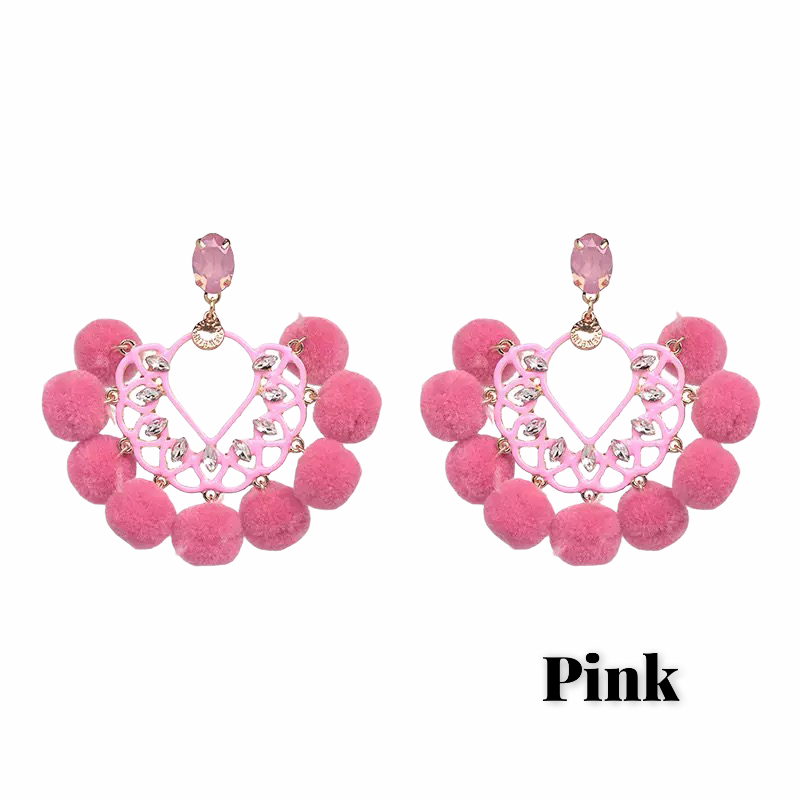 Bohemian Fan Shaped Pom Pom Balls Colourful Rhinestones Retro Earrings