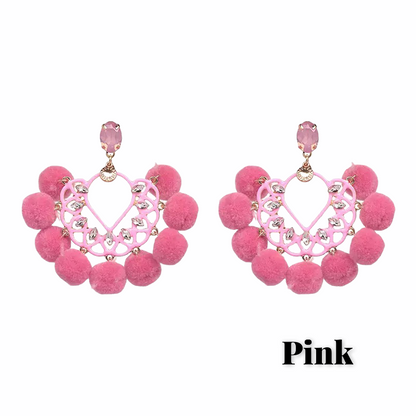 Bohemian Fan Shaped Pom Pom Balls Colourful Rhinestones Retro Earrings