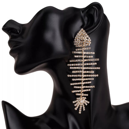 Large Fishbone Crystal Diamante Rhinestone Sparkle Elegant Statement Earrings
