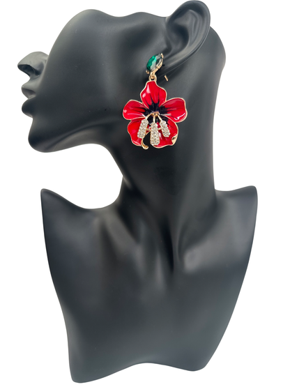 Gorgeous Red Flower Design Metal Rhinestone Statement Dangle Earrings