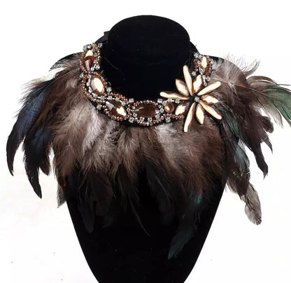 Sparkling Crystal Rhinestone And Feathers Pendant Choker Necklace