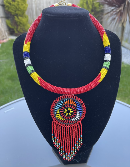 African Zulu Inspired Beaded Tassel Pendant Necklace
