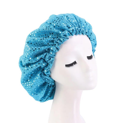 Sequinned Adjustable Double Layered Satin Silk Bonnet Caps
