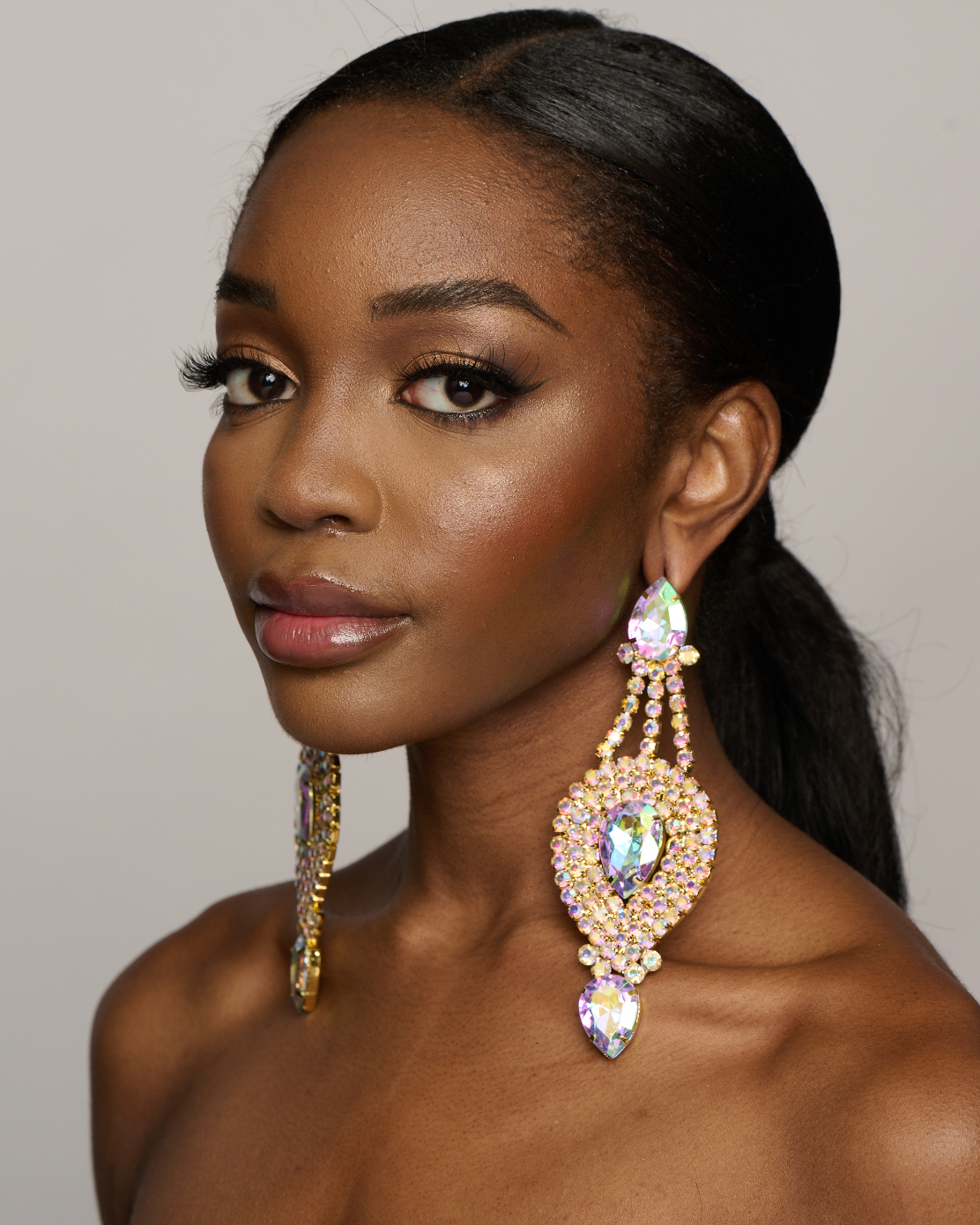 Long Elegant Glamorous AB Colour Diamante Rhinestones Statement Stud Earrings