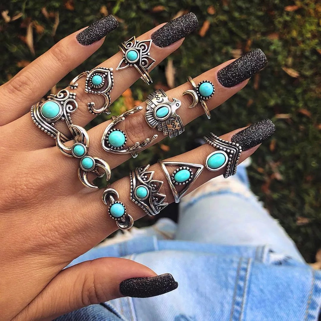 Bohemian 11 Pieces Silver Retro Statement Rings Set