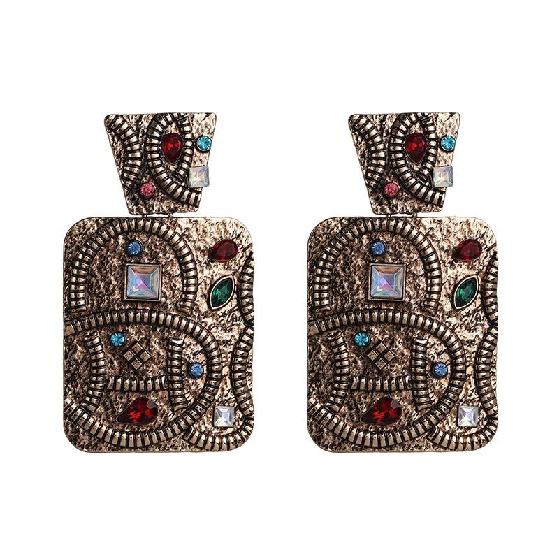Elegant Rectangle Ethnic Tribal Boho Rhinestone Statement Dangle Stud Earrings