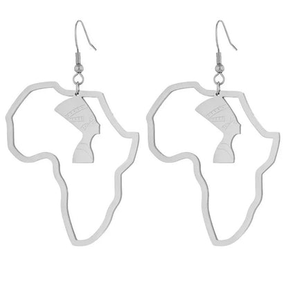 Medium Silver Africa Map Shaped Queen Nefertiti Dangle Statement Earrings