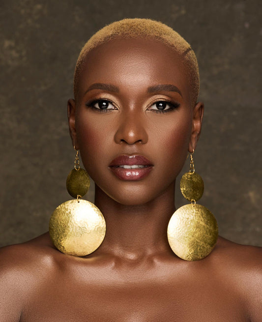 Authentic African Ethnic Tribal Hammered Long Brass Dangle Earrings
