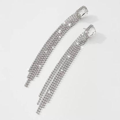 Long Elegant Crystal Diamante Rhinestone Tassel Earrings