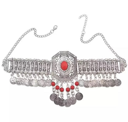 Bohemian Tribal Ethnic Rhinestone Tassels Coins Statement Choker Necklace