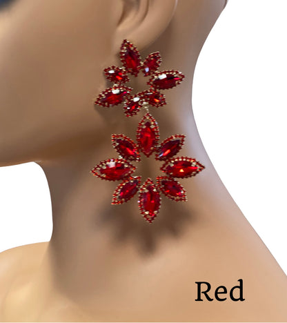 Long Glamorous Diamante Rhinestone Flower Stud Earrings
