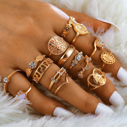 Bohemian 15 Pieces 18k Gold Plated Rhinestone Retro Statement Rings Set