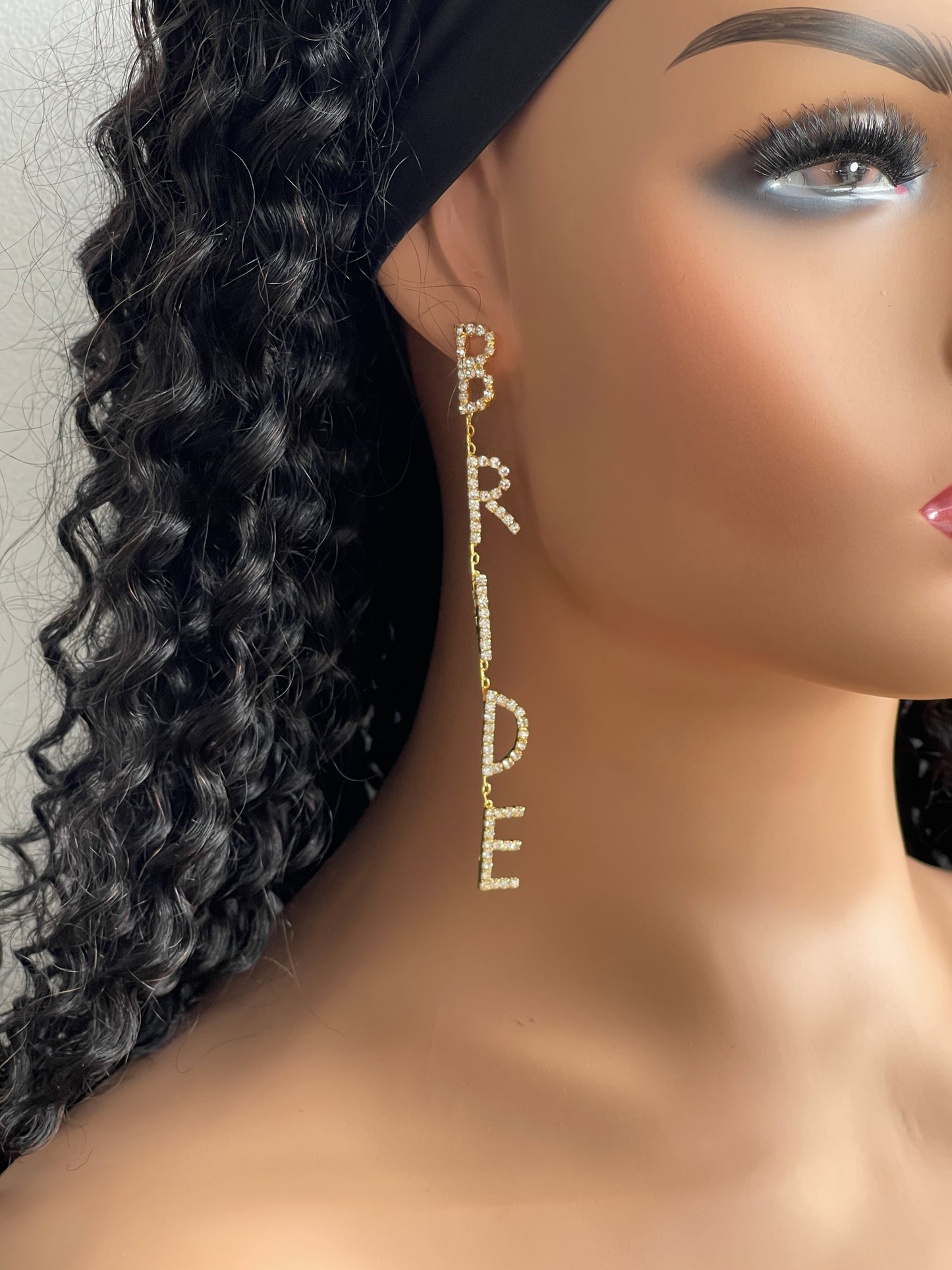 Long Rhinestones Letters BRIDE WIFEY Crystal Diamante Stud Earrings