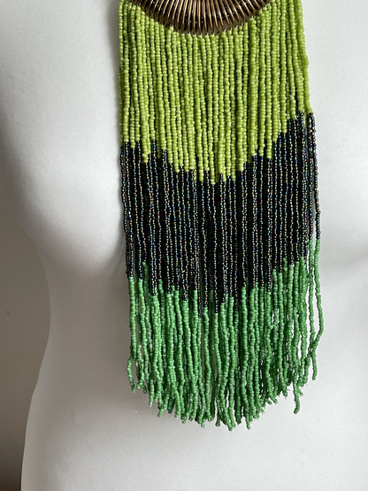 Authentic Green African Beaded Tribal Ethnic Fringe Tassel Brass Pendant