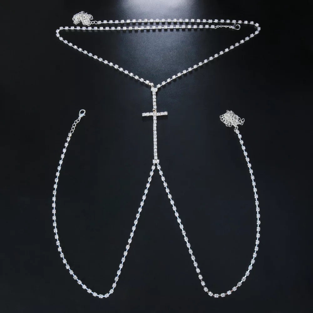 Centred Rhinestone Cross Bralette Statement Body Chain Jewellery