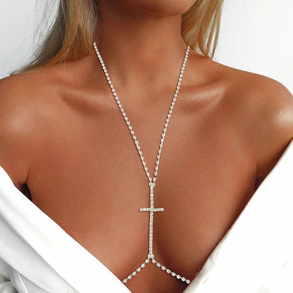 Centred Rhinestone Cross Bralette Statement Body Chain Jewellery