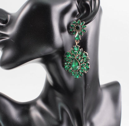 Elegant Diamante Rhinestone Sparkle Long Flower Drop Statement Earrings