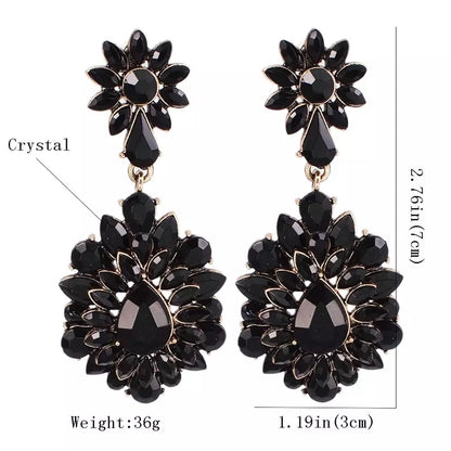Elegant Diamante Rhinestone Sparkle Long Flower Drop Statement Earrings