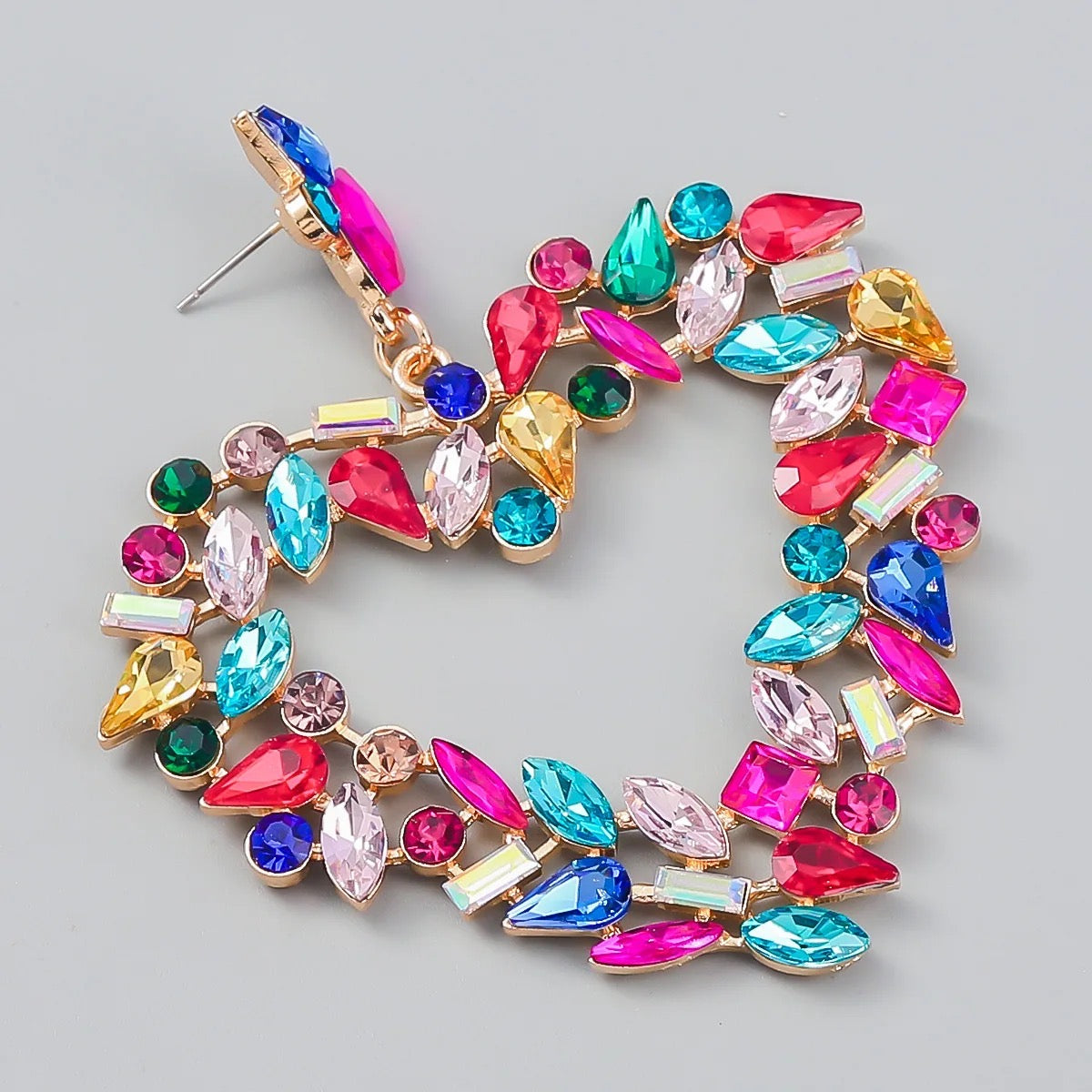 Multicolour Heart Shaped Design Rhinestones Statement Dangle Earrings