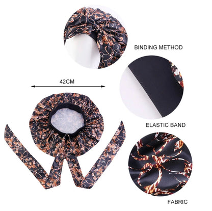 Ankara Design Print Satin Silk Single Layered Bonnet Cap With Long Wide Tie