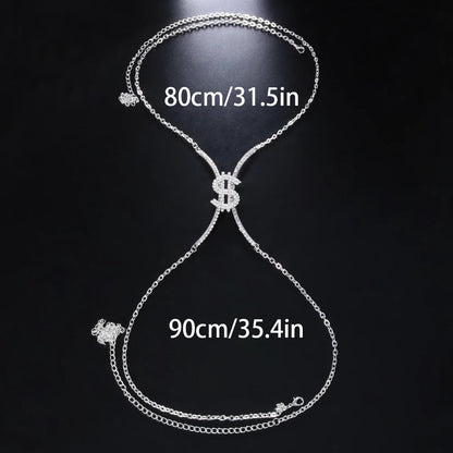 Crystal Rhinestone Dollar SignCentred Bra Bracket Underwear Statement Body Chain