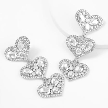 Long Luxury Rhinestones Crystal Heart Shaped Dangle Statement Earrings