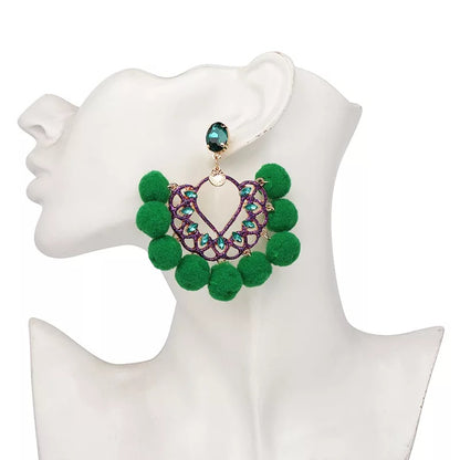 Bohemian Fan Shaped Pom Pom Balls Colourful Rhinestones Retro Earrings