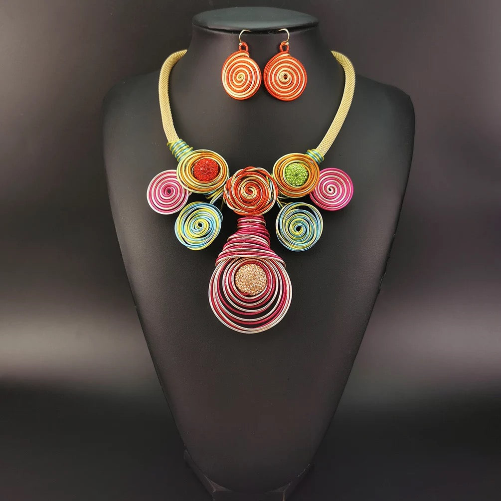 Bohemian Colourful Resin Twisted Wire Tribal Ethnic Statement Pendant Set