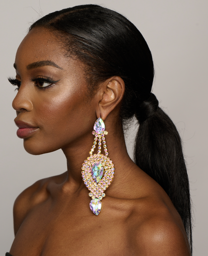 Long Elegant Glamorous AB Colour Diamante Rhinestones Statement Stud Earrings