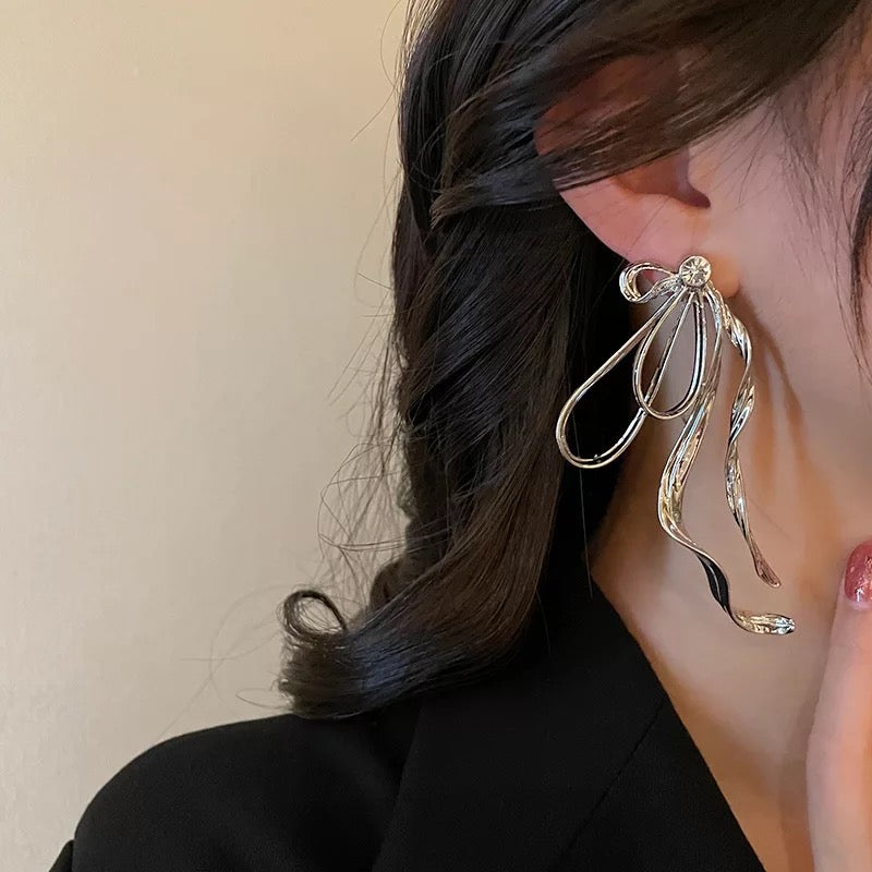 Silver Elegant Alloy Bow Rhinestone Statement Stud Earrings