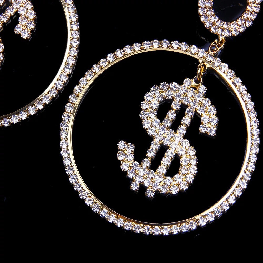 Dollar Sign Statement Diamante Rhinestone Dangle Earrings