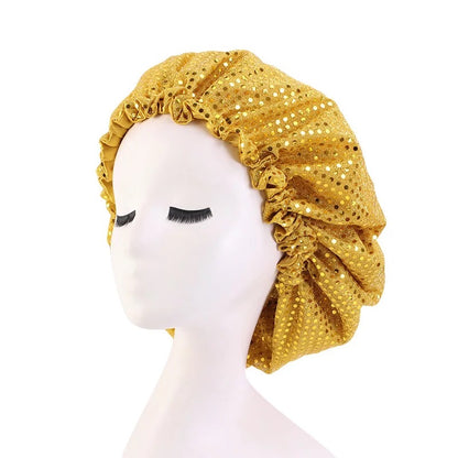 Sequinned Adjustable Double Layered Satin Silk Bonnet Caps